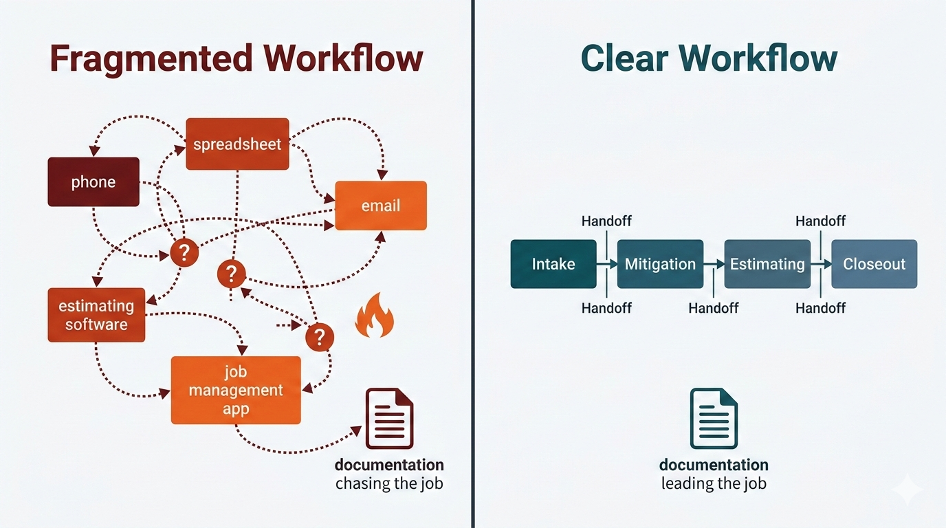restoration workflow clarity model showing job flow from intake to closeout