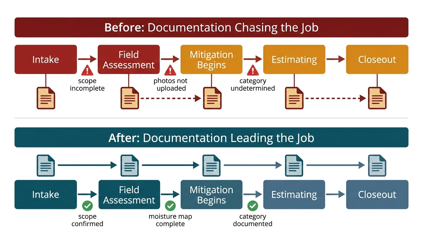 restoration workflow diagram showing documentation leading versus chasing the job